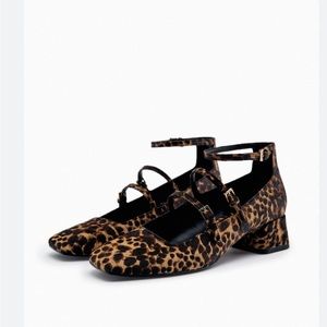 ZARA Women's Leather Block Heel Mary Jane Shoes Leopard Size 39.